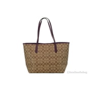 Coach (5696) Signature Coated Canvas Khaki Boysenberry City Tote Shoulder Bag