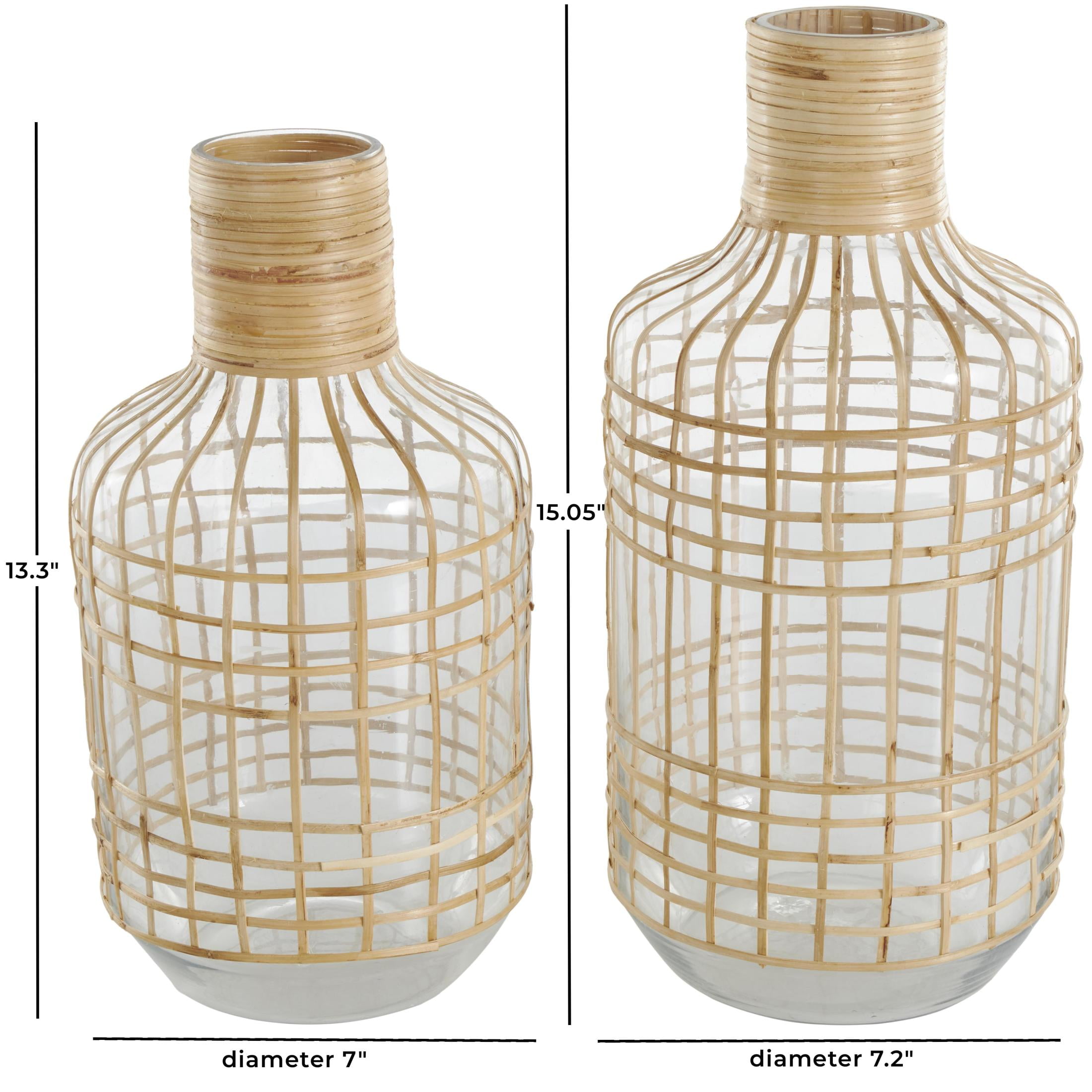 DecMode 15", 13"H Handmade Rattan Wrapped Glass Vase, Set of 2