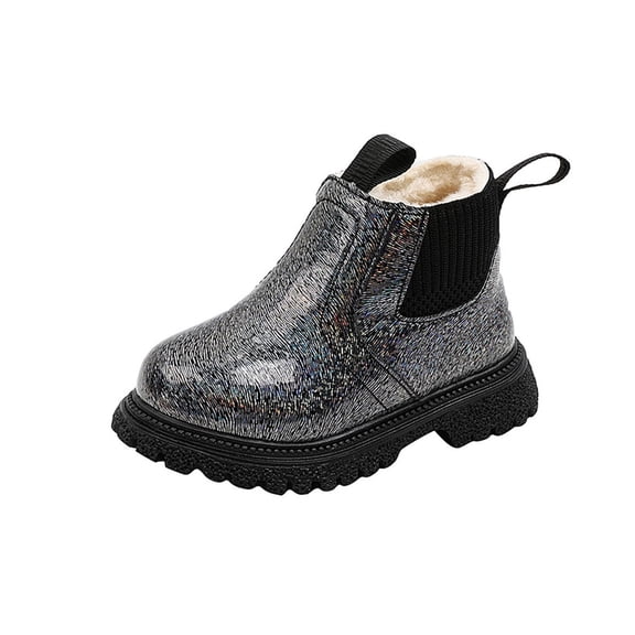 Black Side Zipper Flat Ankle Boots For Kids, Velvet Lining And Shiny Patent Leather, Winter Warm Snow Boots, Cozy And Water-Resistant For Snowy Days
