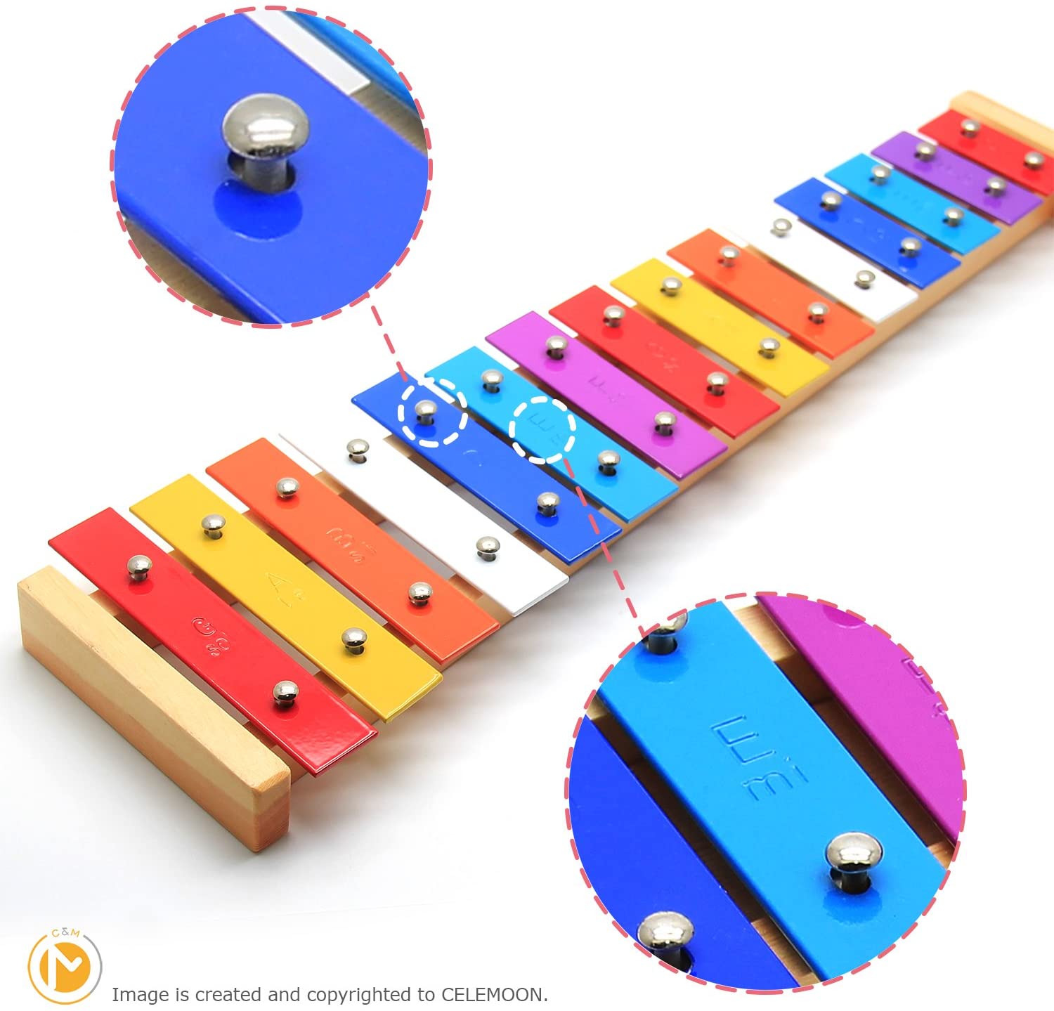 CELEMOON Natural Wooden Toddler Xylophone Glockenspiel For Kids with Multi-Colored Metal Bars Included Two Sets of Child-Safe Wooden Mallets (15-tone) 15-tone