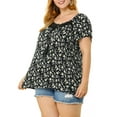 thumbnail image 4 of Agnes Orinda Women's Plus Size Floral Print Tops Hollow Out Tie Neck Short Sleeve Casual Summer Blouses 2X Black, 4 of 7
