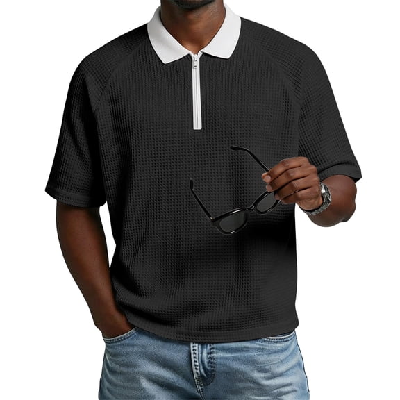 LTTVQM Polo Shirts for Men Short Sleeve Waffle Knit Quarter Zip Lightweight Breathable Golf Shirts Athletic Loose Textured Lounge Work T Shirts Black L