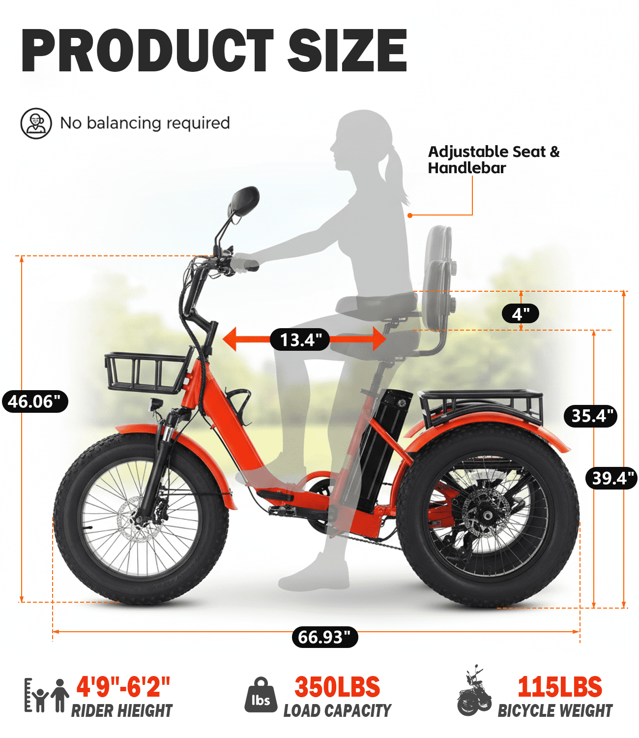 Electric Tricycle for Adult Folding Etrike Adult Electric 3 Wheels Bicycle Peak 1350W Motor Aluminum Frame 48V15.6AH Lithium Battery 20×4.0" Fat Tire & Rear Differential