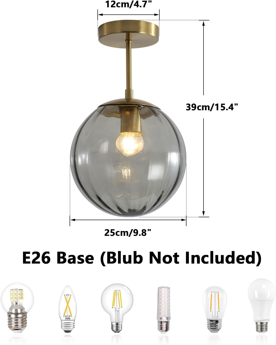 KCO Lighting Brass Gold Smoke Glass Semi Flush Mount Ceiling Light Industrial Large Globe Entryway Ceiling Light for Bathroom Porch