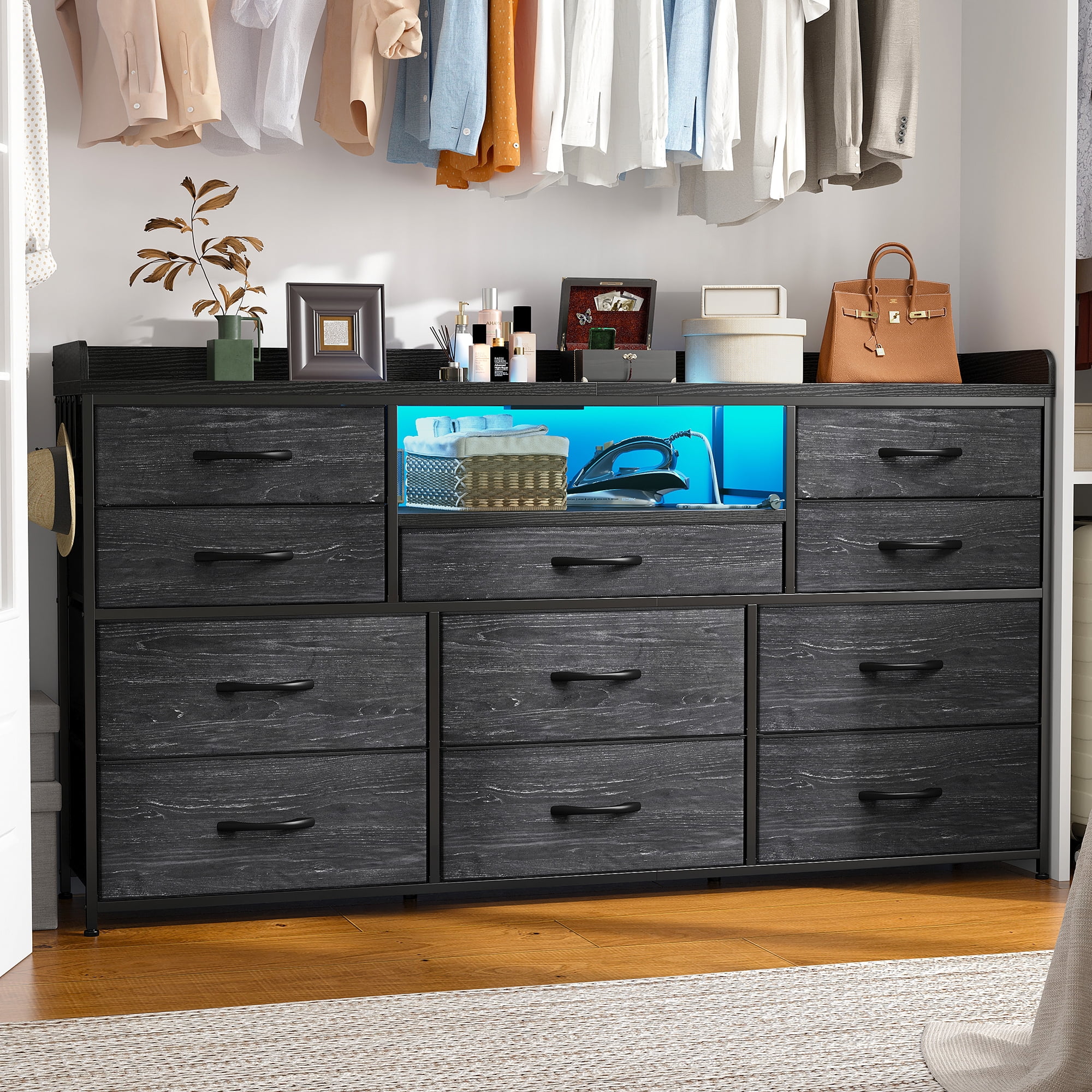 EnHomee Black Dresser with 11 Drawers Dressers for Bedroom TV Stand for 55" TV LED TV Stand with Charging Station Long Dresser with Shelves&4 Hooks,Black