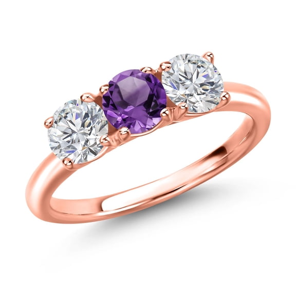 Gem Stone King 18K Rose Gold Plated Silver Purple Amethyst and Lab Grown Diamond Engagement Ring for Women | 1.48 Cttw | Round 5MM | Gemstone February Birthstone | Size 9