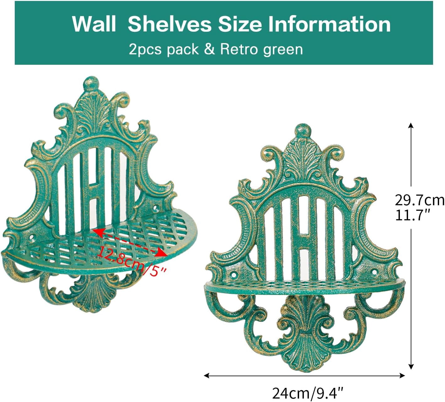 Sungmor Gothic Floating Shelves Cast Iron Wall Mounted Decor, Green, 9.4" 2-Count
