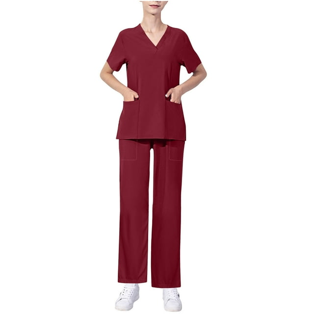 yoeyez Womens Scrub Setsjoggers,Womens Stretch V-Neck Scrub Top & Pants Protective Clothing Scrubs With Multi Pockets Wine