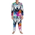 thumbnail image 3 of Salouo Cool Colorful Wolf Print Button-Front Long Sleeve Pajama Set for Men, Soft 2Pjs Men's Long Sleeve Sleepwear-Large, 3 of 7