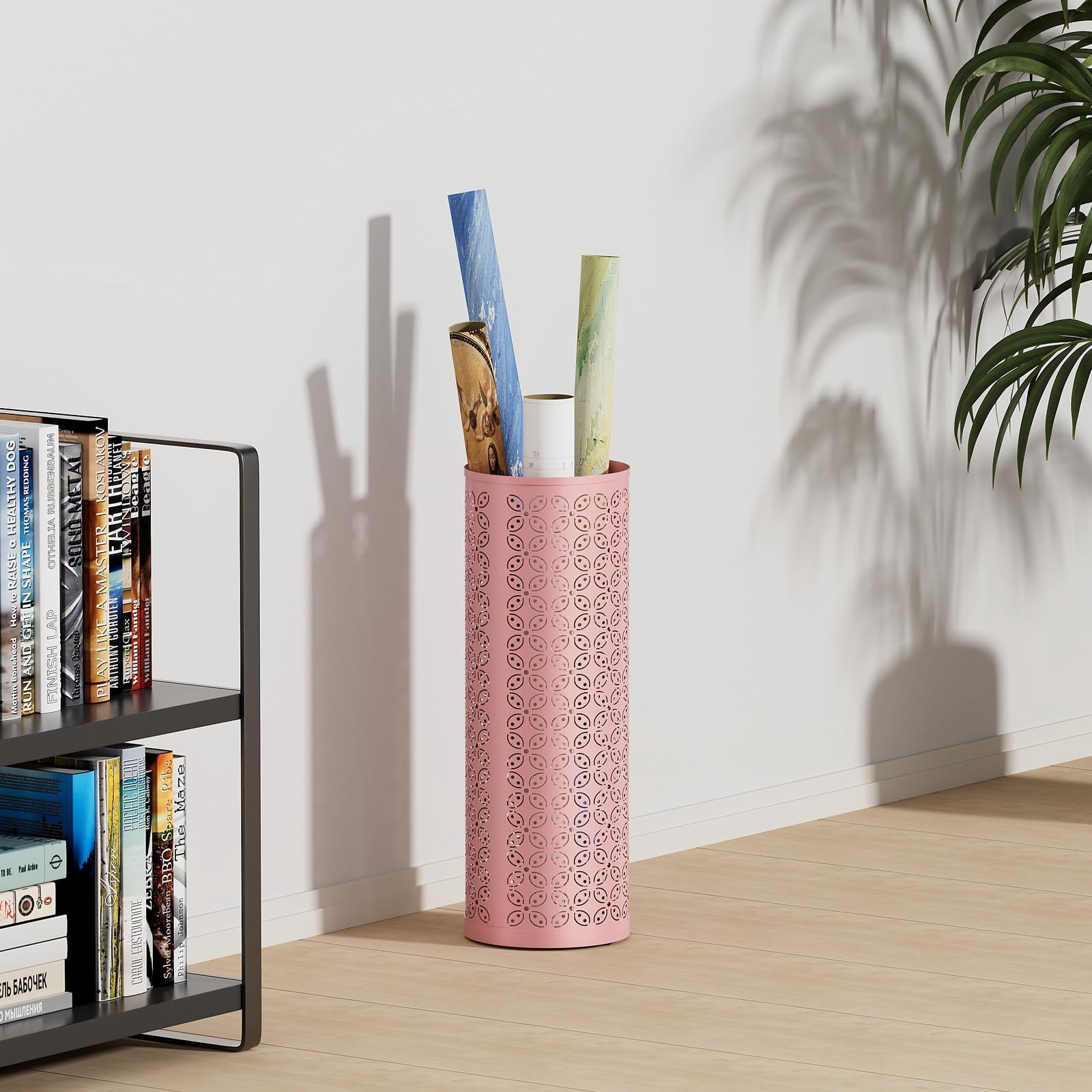 Metal Round Umbrella Stand Free Standing Holder Bin  Canes Walking Sticks For Entryway Home Office Pink