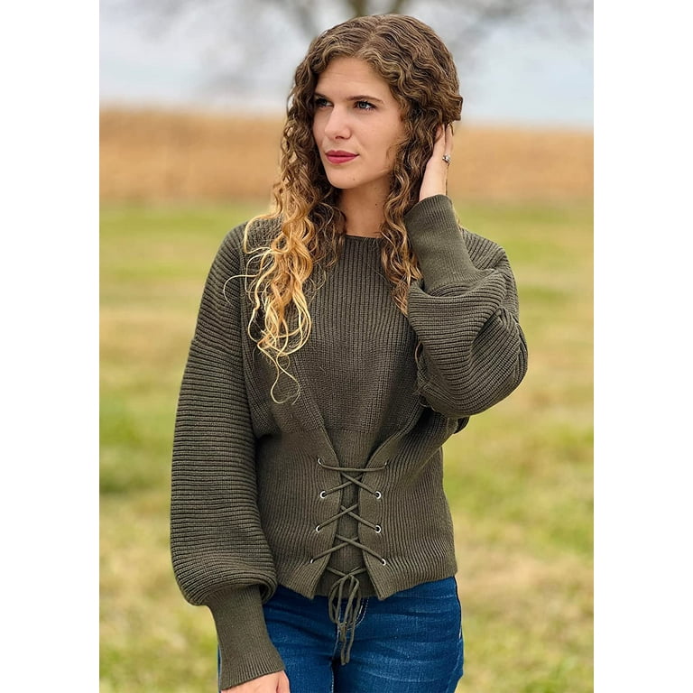 PIKADINGNIS Women's 2022 Fall Winter Sweaters Balloon Sleeve Boat Neck  Laced Waist Cropped Sweater Cute Soft Knitted Pullover - Walmart.com