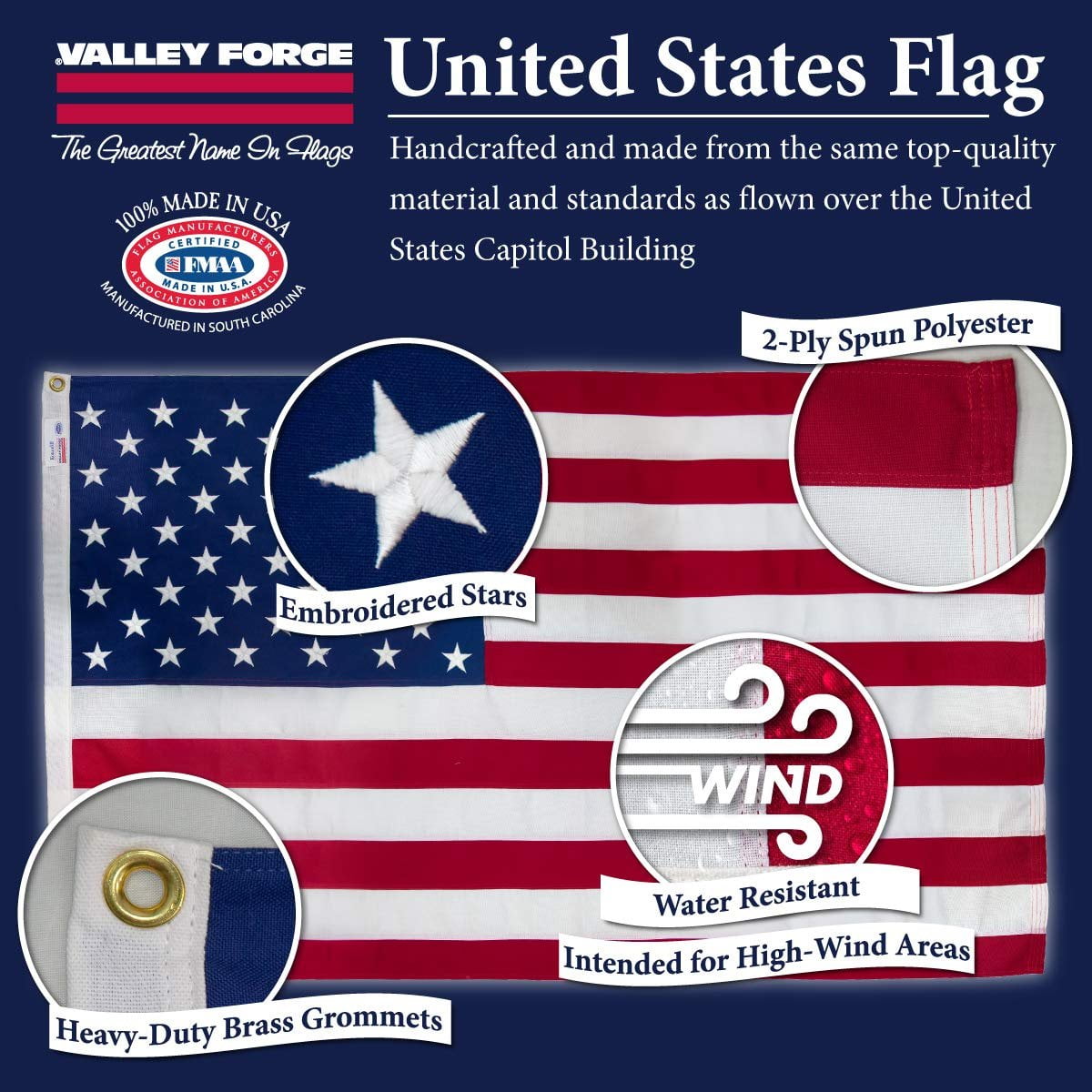 Valley Forge, American Flag, Spun Polyester 2-Ply, 3'x5', 100% Made in USA, Heavy-Duty Brass Grommets