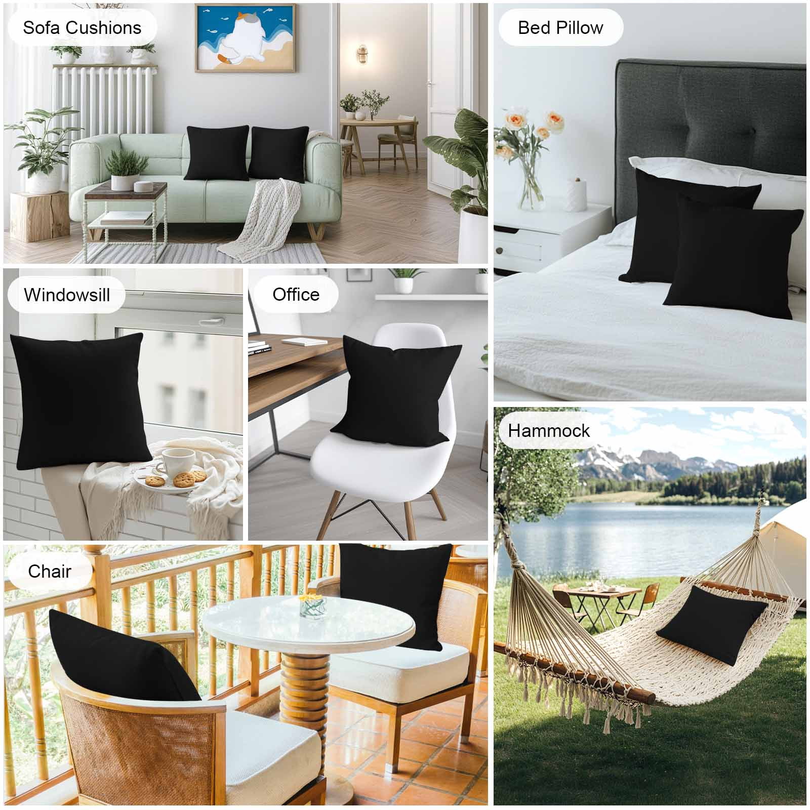 Boanket Outdoor Pillow Covers 18 x 18 Inches, Black Waterproof Throw Pillow Cover Set of 2, Pure Black Decorative Square Cushion Covers for Patio/Tent/Couch/Garden