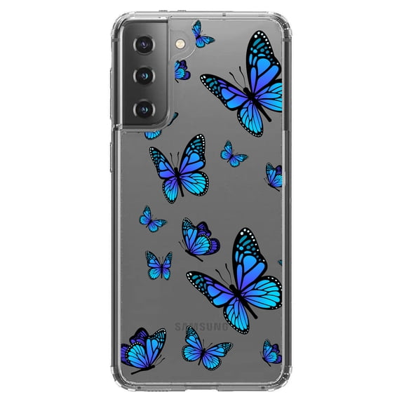 DistinctInk Clear Shockproof Hybrid Case for Galaxy S21 5G (6.2" Screen) - TPU Bumper Acrylic Back Tempered Glass Screen Protector - Blue Butterflies Butterfly