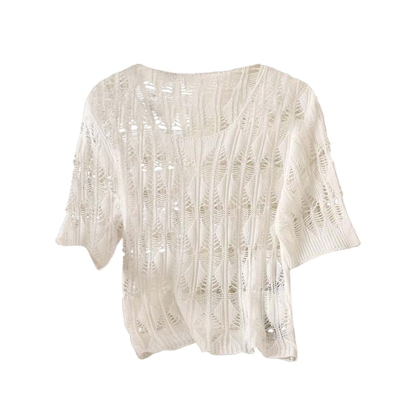 Hrsba Womens Cover Up Solid Color Hollow Out Knit Open Front Cardigan Casual Summer Tops for Women Beach Vacation Wear