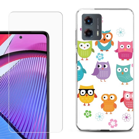 OneToughShield ® Compatible with Motorola Moto G 5G 2023, Shockproof Phone Case, with Tempered Glass Screen Protector - Happy Owl