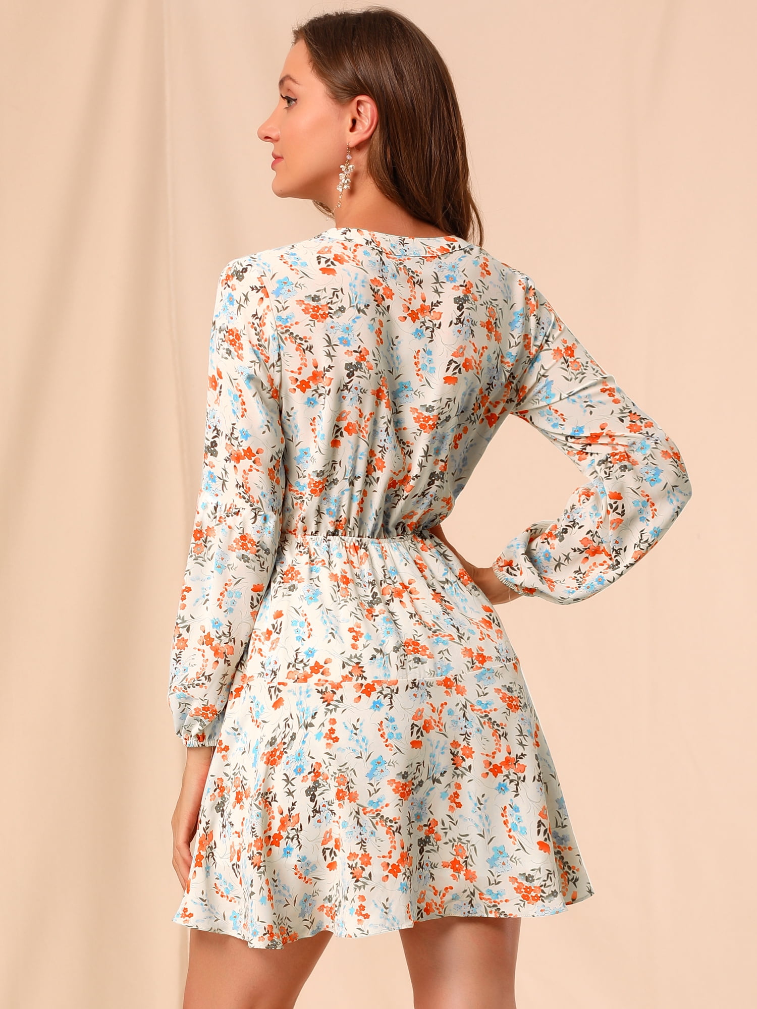 DARING DIVA V Neck Floral Print Elastic Waist Button Down Mini Dress M Beige