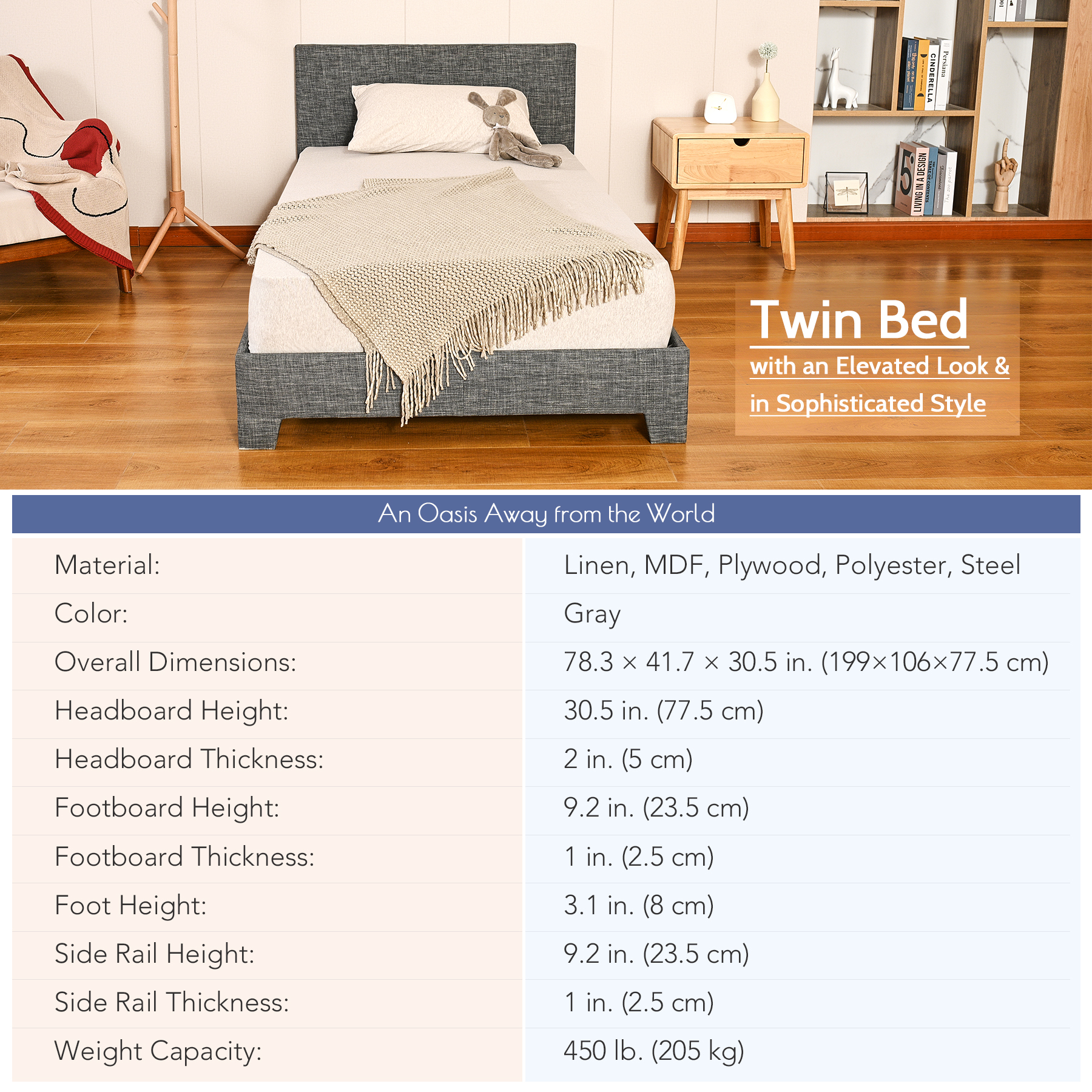 Vonluce Upholstered Platform Bed Frame with Headboard and Slats, Twin Size, Gray