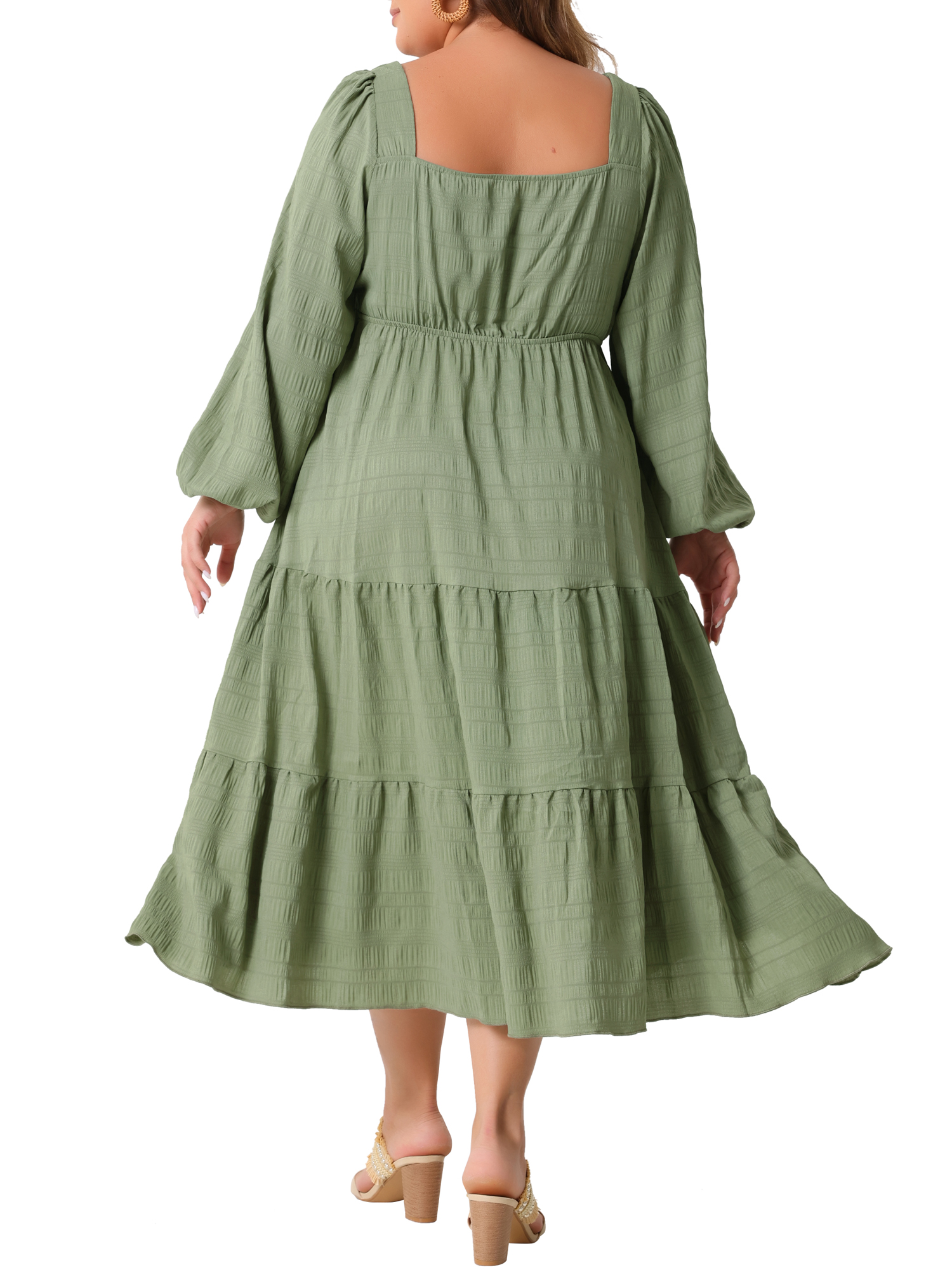 DARING DIVA Plus Size Casual Midi Square Neck Long SleeveTiered Dress 2X Green