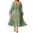 thumbnail image 4 of DARING DIVA Plus Size Casual Midi Square Neck Long SleeveTiered Dress 1X Green, 4 of 6