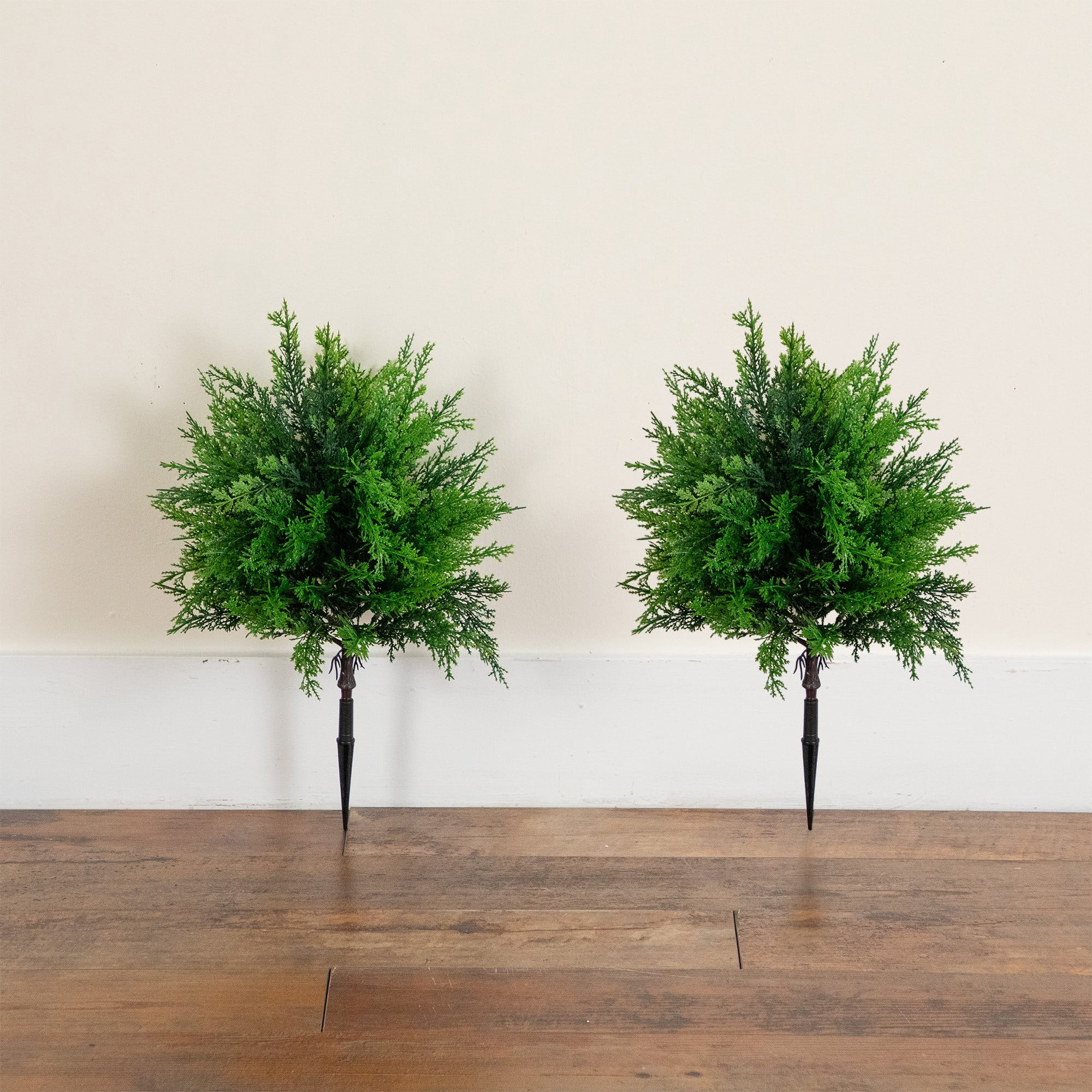 15in. UV Resistant Artificial Cedar Bush with Integrated Ground Stake (Indoor/Outdoor) - Set of 2