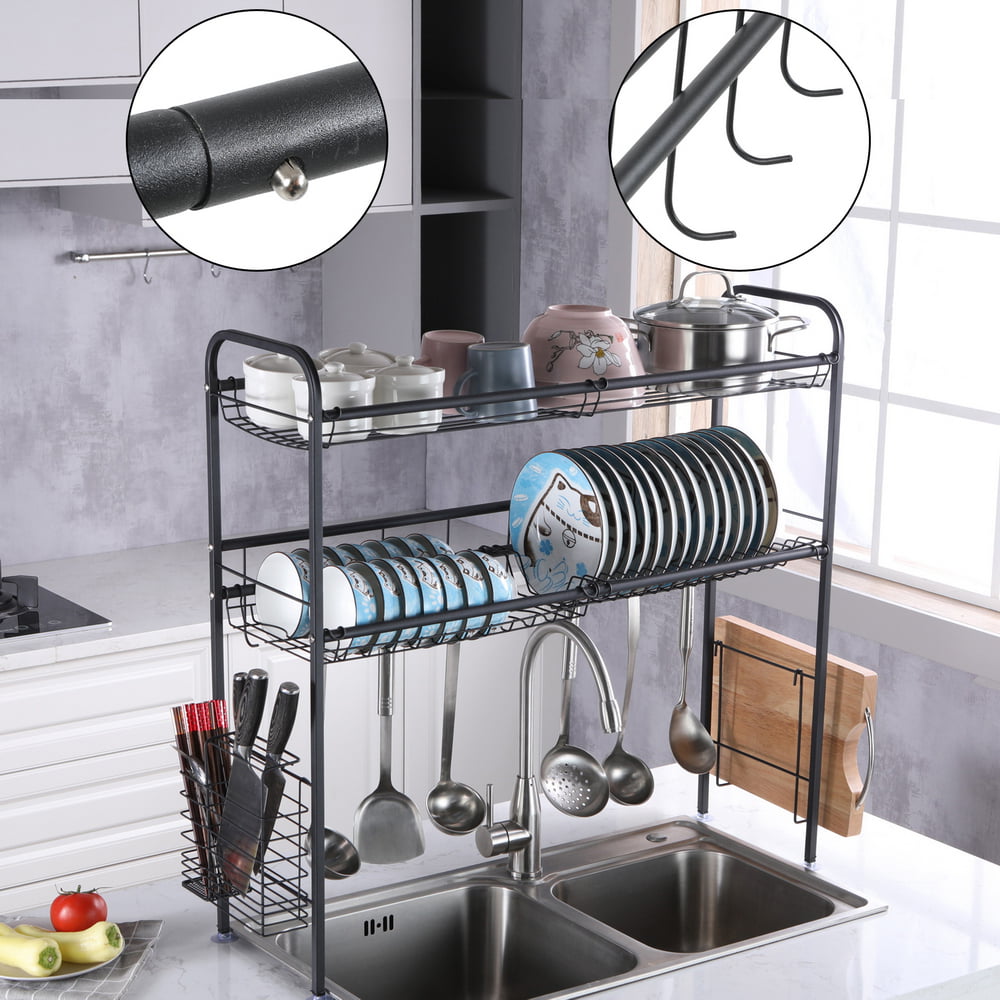 Stainless Steel Black 23.5” to 38” Extendable Dish Drying Rack Over Kitchen  Sink, Dishes and Utensils Draining Shelf, Kitchen Storage Countertop  Organizer, Utensils Holder, Kitchen Space Saver, All in One Dishes Washing  Solution