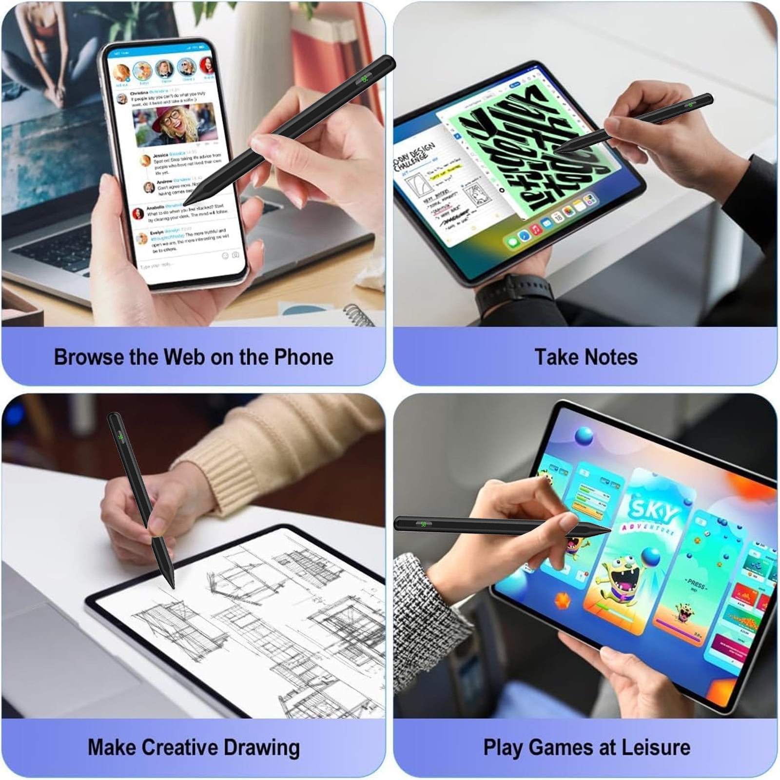 Stylus Pen for Touch Screens – Active Universal Stylus Compatible for iPad, iPhone, Samsung & Other iOS/Android Smartphones & Tablets, Tablet Pencil with Fast Charging, LED Power Display, Black