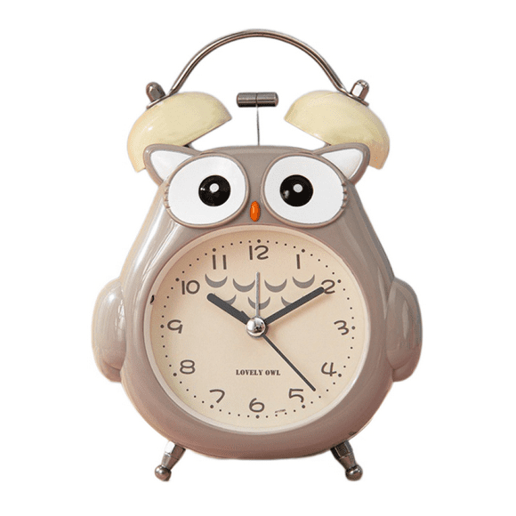 Children's Alarm Clock Cute Cartoon Owl Ringtone Alarm Clock Non Ticking Desk Clock Night Light -Grey M01
