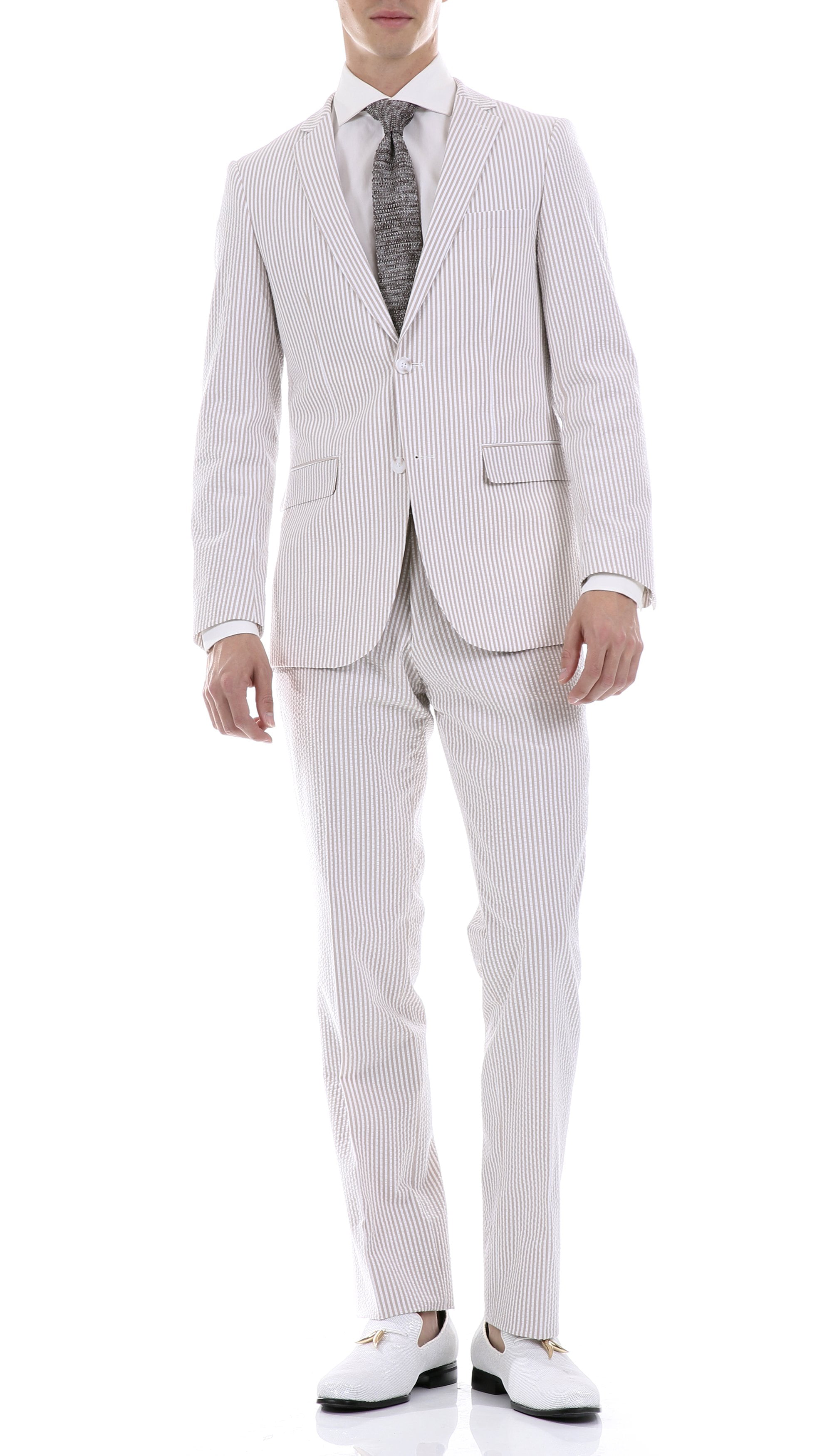 New Seersucker Mens Cotton Slim Fit Tan Suit Pin Stripe Wedding Groom Casual 