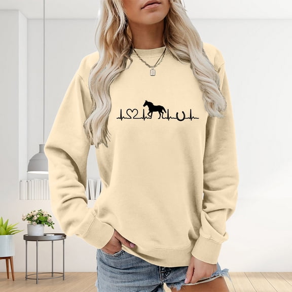 Beige Sweatshirt for Women Horse Sweatshirt for Women Cute Heartbeat Graphic Shirts Long Sleeve Crew Neck Pullover Tops Horse Lover Womens Fashion Clothing