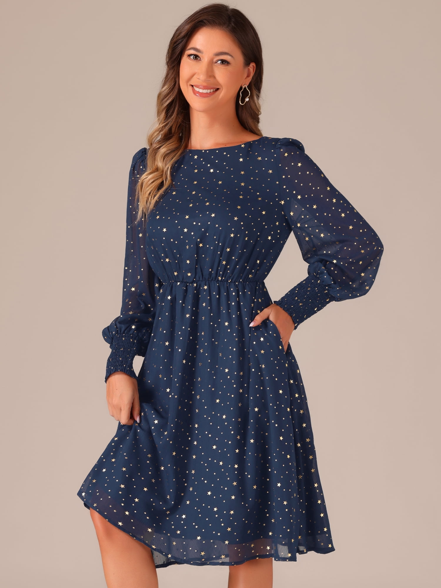 DARING DIVA Puff Long Sleeve Elastic Waist Mesh Dress S Dark Blue