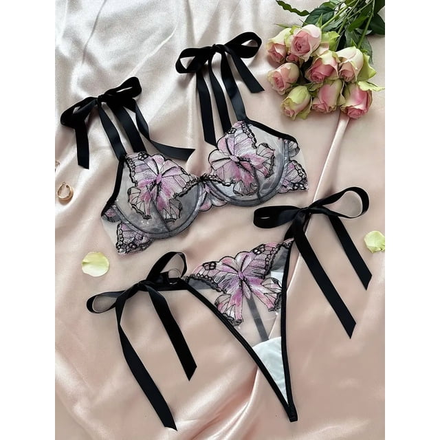 Conjunto de lencería con bordado de mariposas, sujetador de malla sin forro y tanga de tiras, lencería y ropa interior sexy para mujer