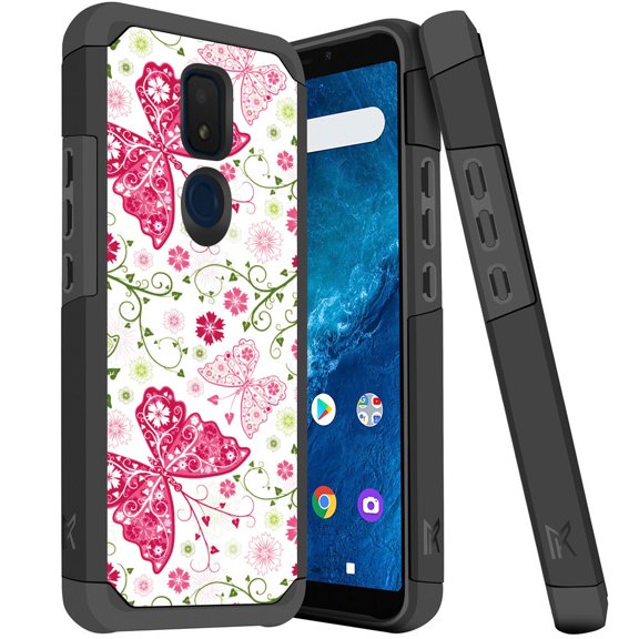 ANJ  Slim Dual Layer Hybrid Shockproof Case   Tempered Glass Cover for Cricket Icon 3, Splendor, AT&T Motivate 2 - Pink Lacy Butterfly