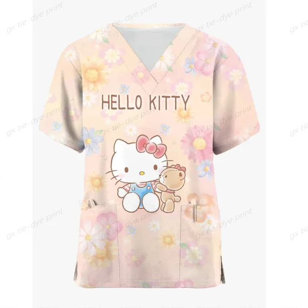 Tops con estampado de Hello Kitty Para Mujer, Para dentista uniforme de trabajo, enfermera, Uniformes médicos Para Mujer, ropa de trabajo Para Hospital, 2024