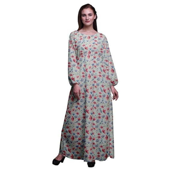 Bimba Moss Georgette Flower & Leaves Watercolor Print Women’s Long Elastic Waist Casual Summer Maxi Dress-Small