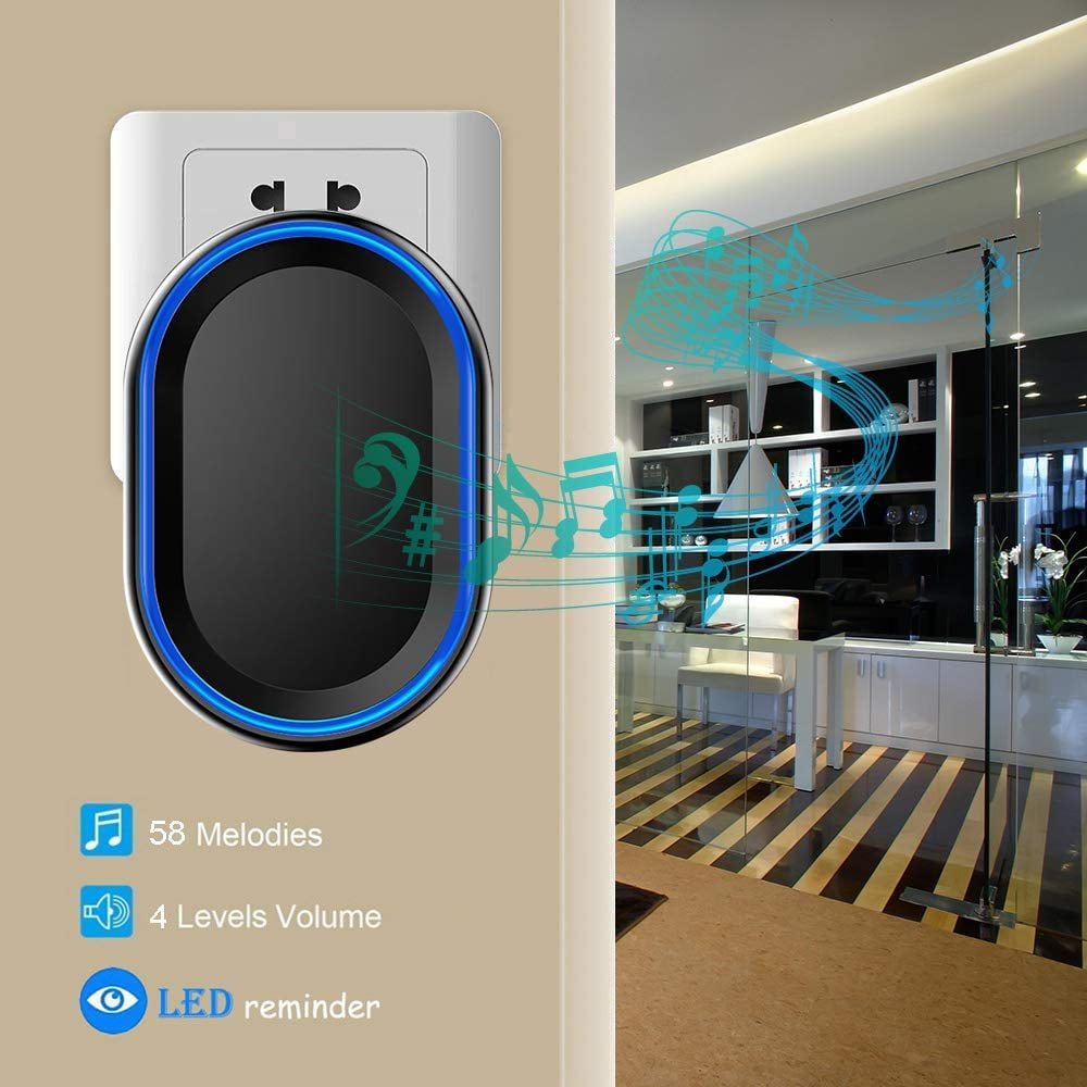 Wireless Doorbell, Waterproof Door bell Chime Operating at Over 1000 Feet with 4 Volume Levels, 58 Melodies (Black)
