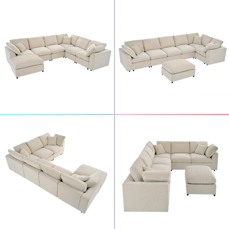 Extra Large 7-Piece Modular Solid Wood Frame Sectional Sofa Set w/ Movable Ottoman, L-Shaped Chenille Oversized Couch