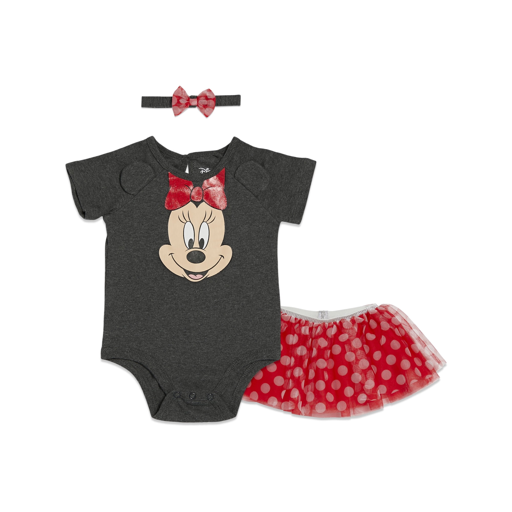 Disney Minnie Mouse Newborn Baby Girls Bodysuit Mesh Tutu and Headband 3 Piece Outfit Set Newborn to Infant