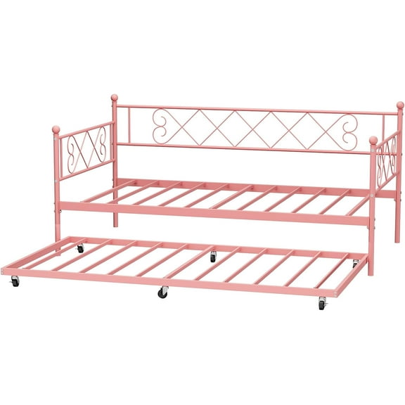 Senfot Daybed with Trundle, Metal Twin Daybed Frame with Headboard, Multifunctional Mattress Foundation Platform Sofa Bed,Metal Slats, for Bedroom, Living Room, Guest Room, Pink