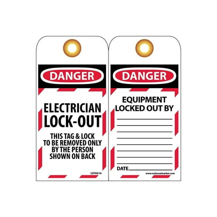 National Marker Lockout Tags; Lockout Danger Electrician Lock-Out. . . 6X3 Unrippable Vinyl LOTAG16