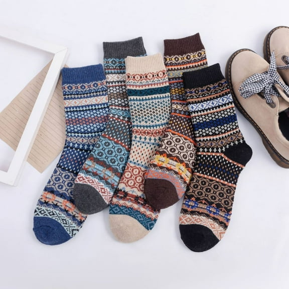 Dyfzdhu 5 Pairs Autumn Winter Thickened Thermal Crew Socks Comfortabl Breathable Printed Tube Socks