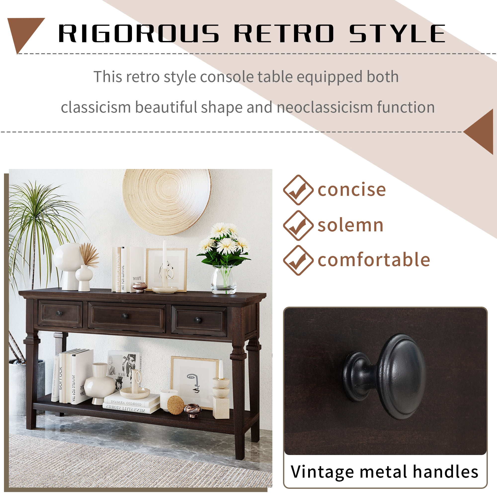 PORKISS 50" Console Table with 3 Storage Drawers, Narrow Long Entryway Table with Bottom Shelf, Vintage Sofa Table with Wood Frame for Living Room/Entryway/Hallway/Foyer, Espresso