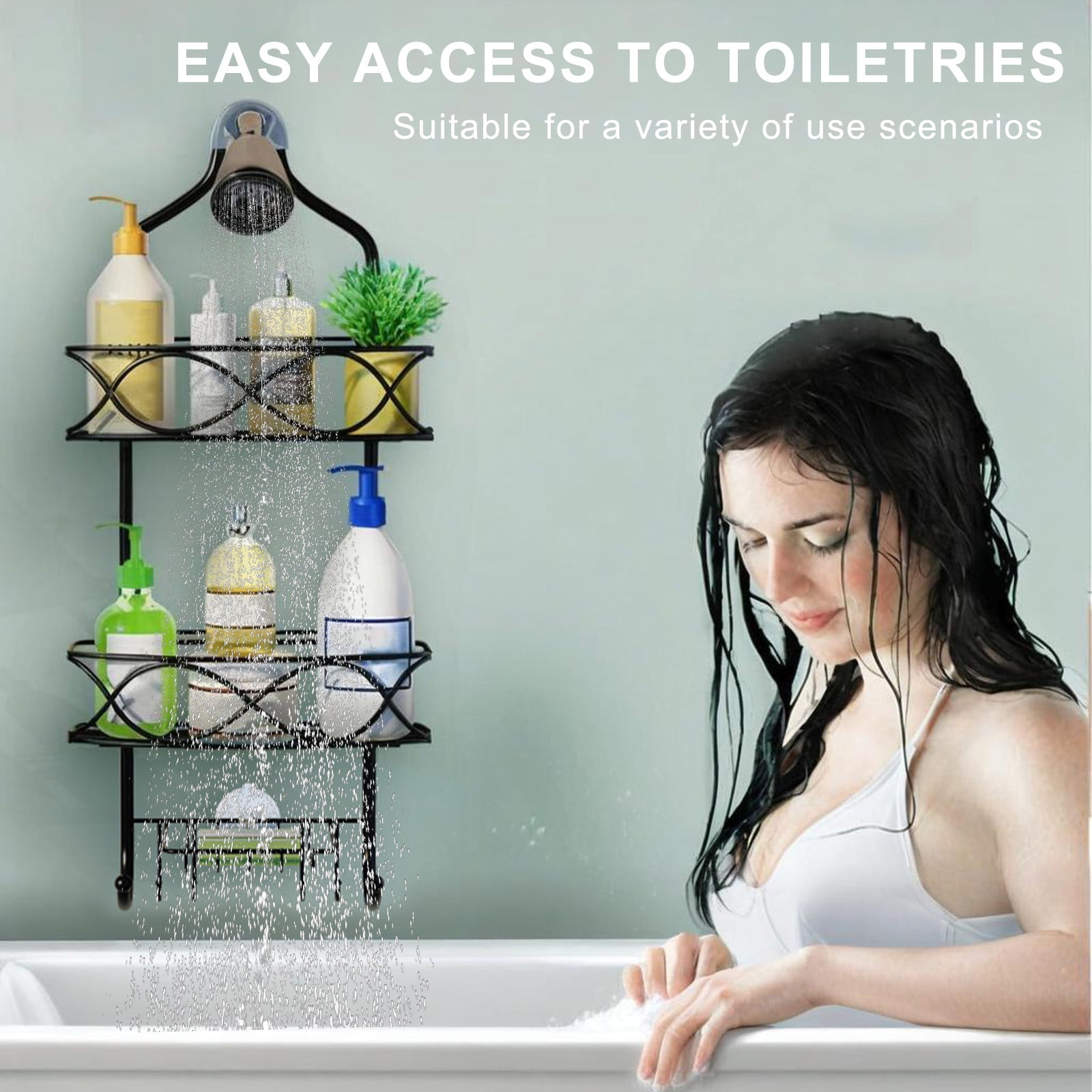 Fufafayo under $5 Shower Caddy Hanging Adjustable Shower Caddy, Rustproof Shower Organizer Extended Length Shower Caddy Over Shower Head with Hooks Soap Holder, Bathroom Organizer