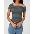 thumbnail image 2 of Michellecmm  Women's Asymmetric Tops Off Shouler Short Sleeve Ruched T-Shirt, 2 of 8