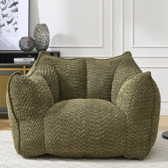 Chenille Bean Bag Sofa Chair for Adults, Fluffy Square Accent Couch with Filler, Olive Green Lazy Sofa for Reading & TV Lounging