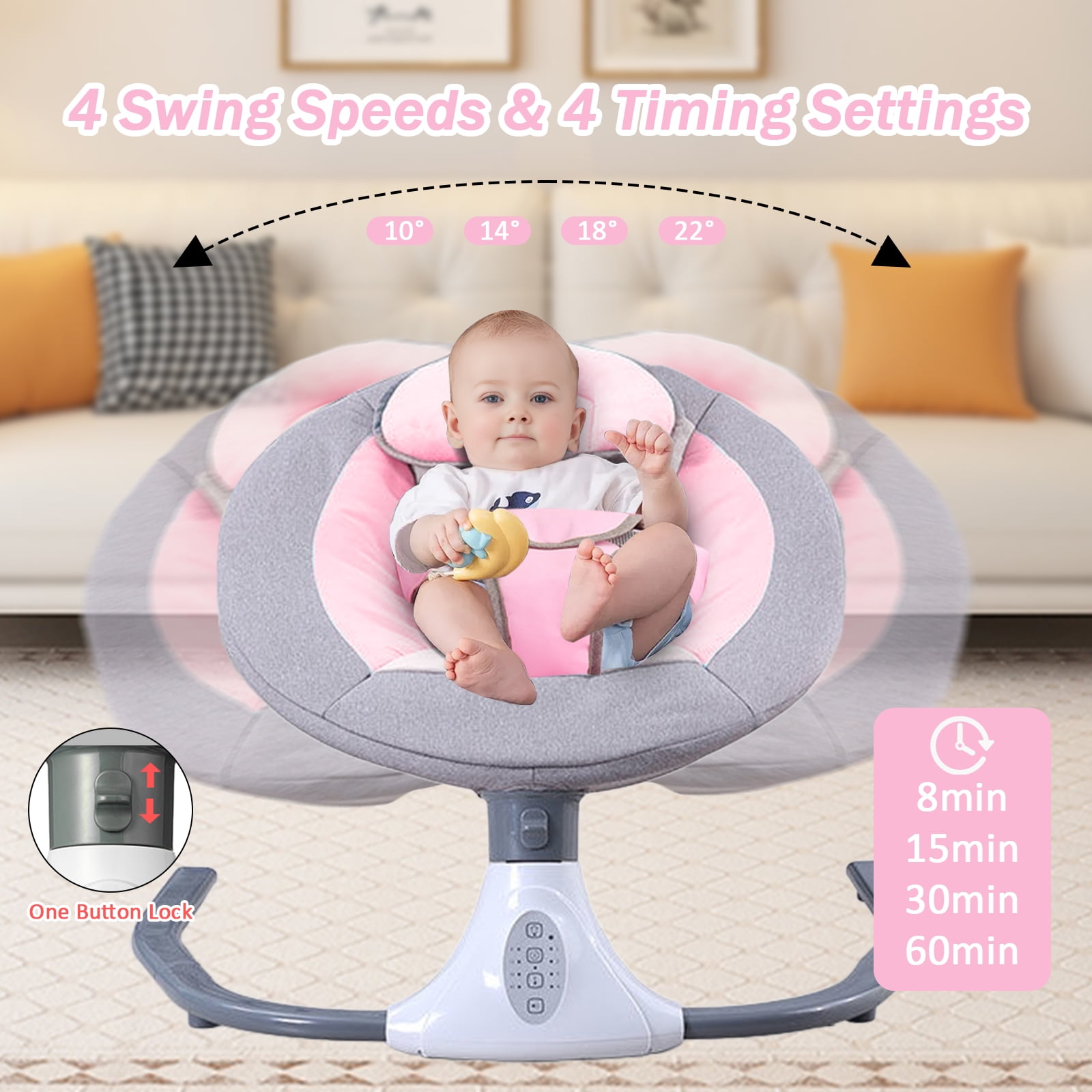 Beuway Electric Baby Swing for Infants - Bluetooth Music Speaker with 12 Lullabies,4 Speeds,4 Timers,Remote Control, Pink