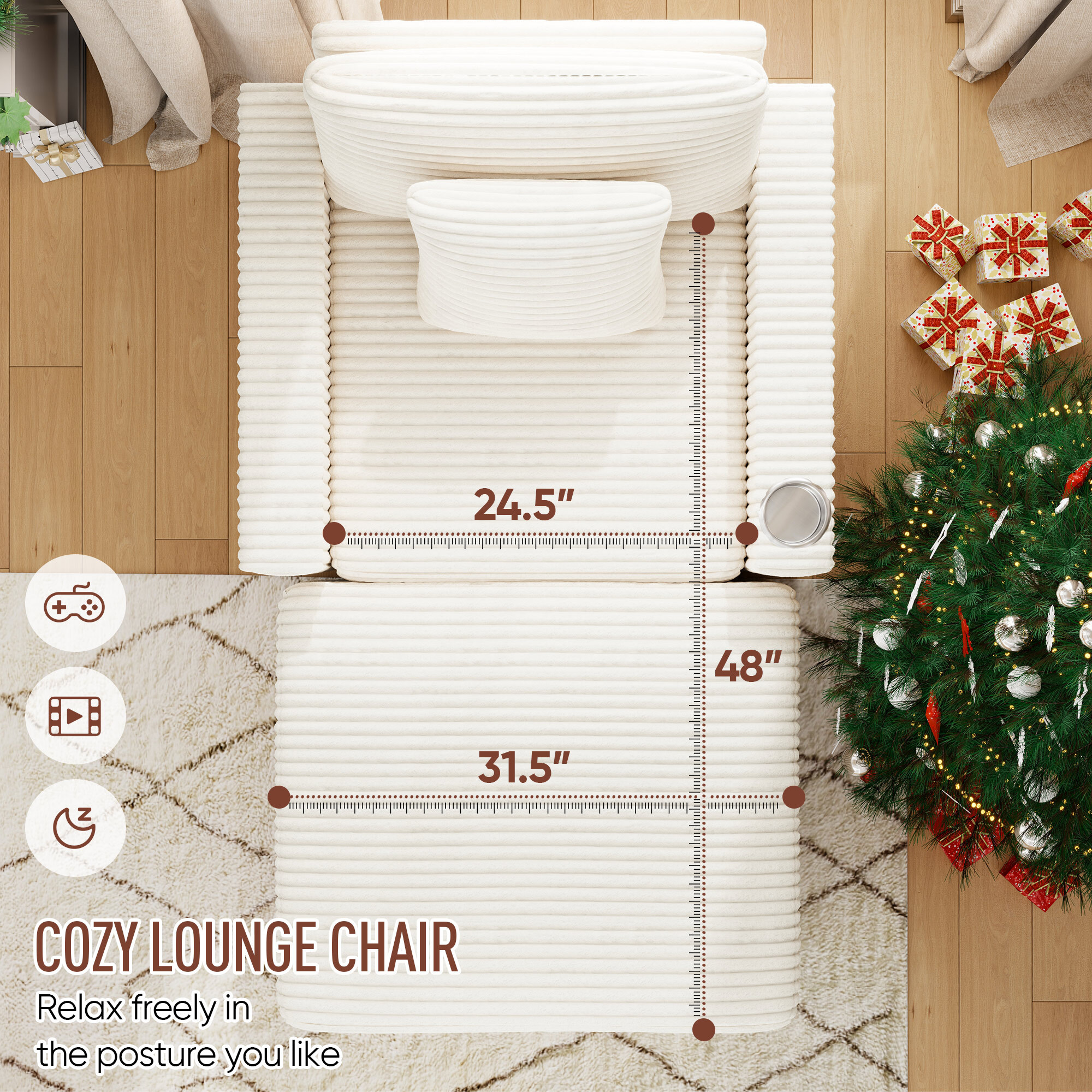 Lunale Accent Chair with Storage Ottoman, Indoor Lounge Chair with USB & Table Board, Cozy Corduroy Sofa Armchair for Living Room, White