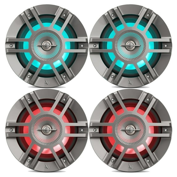 2 Pairs (QTY 4) of Infinity 6.5" Premiun 2-Way Coaxial 300 Watt Peak Power Titanium Marine Speakers with RGB LED Lighting (Bulk Packaging)