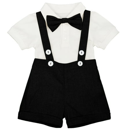 

OBEEII Toddle Infant Gentleman Outfits for boys Short Sleeve Romper Christening Suspenders Shorts Set Cake Crush Suits Bowtie Formal Outfits 80 Black