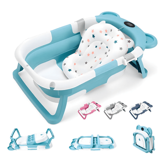 Bañera Tina Baño Bebe Plegable Portátil Con Cojín Termómetro Xtellar azul